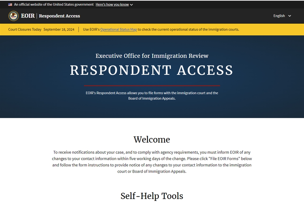 EOIR Respondent Access home page